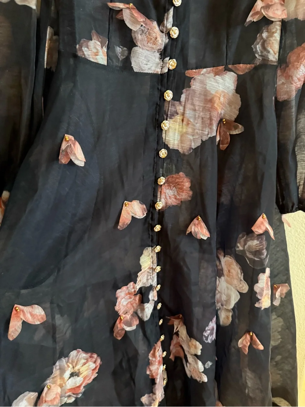 Sunfere Black Sophie 3D Floral Print Long Sleeve Midi Dress - NO BELT - Picture 6 of 11